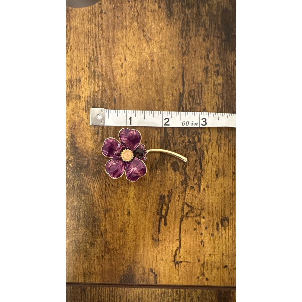 Purple Enamel Flower Brooch Gold Tone Pansy Floral Pin Botanical Jewelry